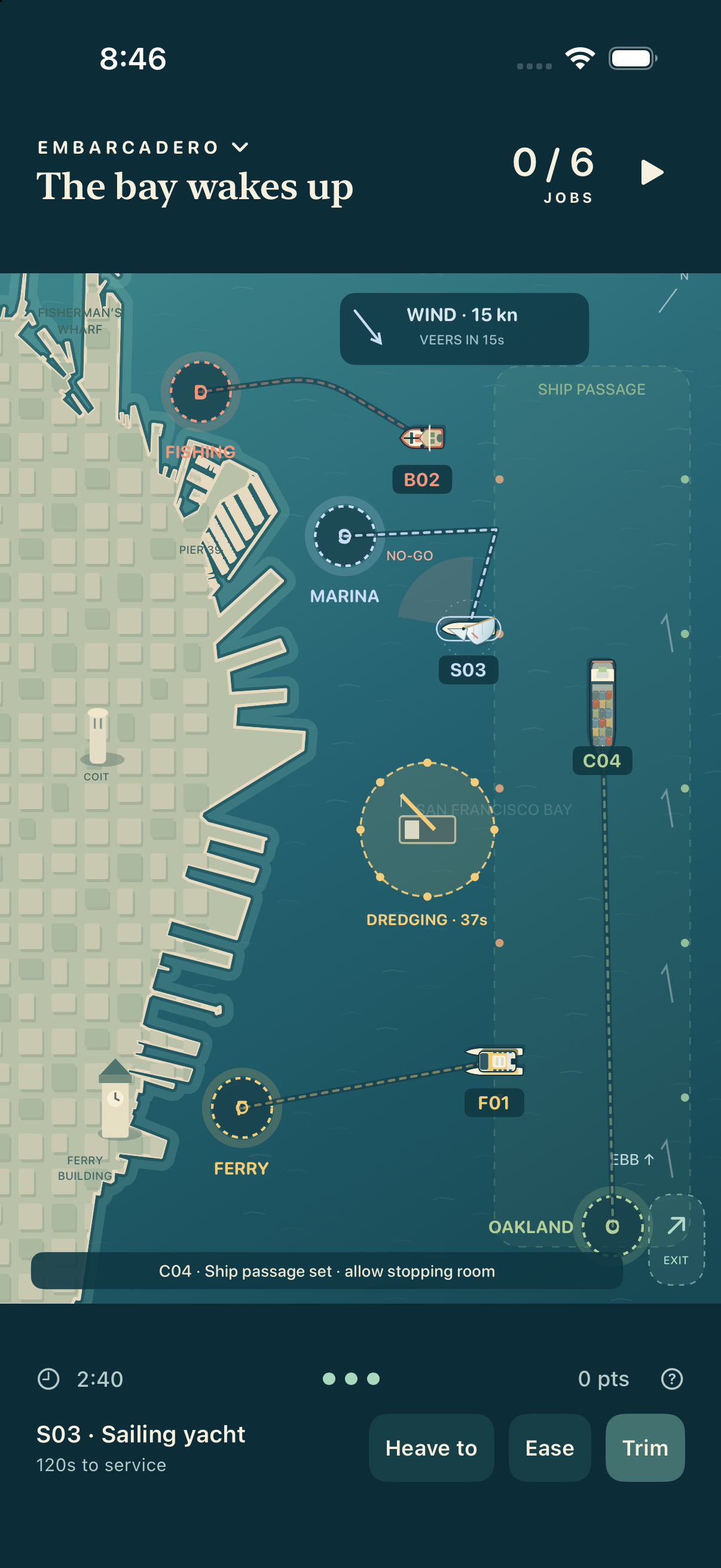 Ferry Busy gameplay: four different vessels, drawn routes, a marina, an offshore shipping passage, and a marked dredging zone beside San Francisco’s waterfront.